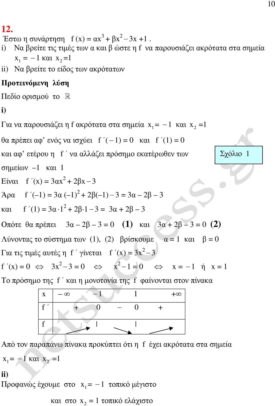 1 θα πρέπει αφ ενός να ισχύει f ( 1) 0 και f (1) 0 και αφ ετέρου η f να αλλάζει πρόσηµο εκατέρωθεν των σηµείων 1 και 1 Είναι f () 3α + β 3 Άρα f ( 1) 3α ( 1) + β( 1) 3 3α β 3 και f (1) 3α 1 + β 1 3