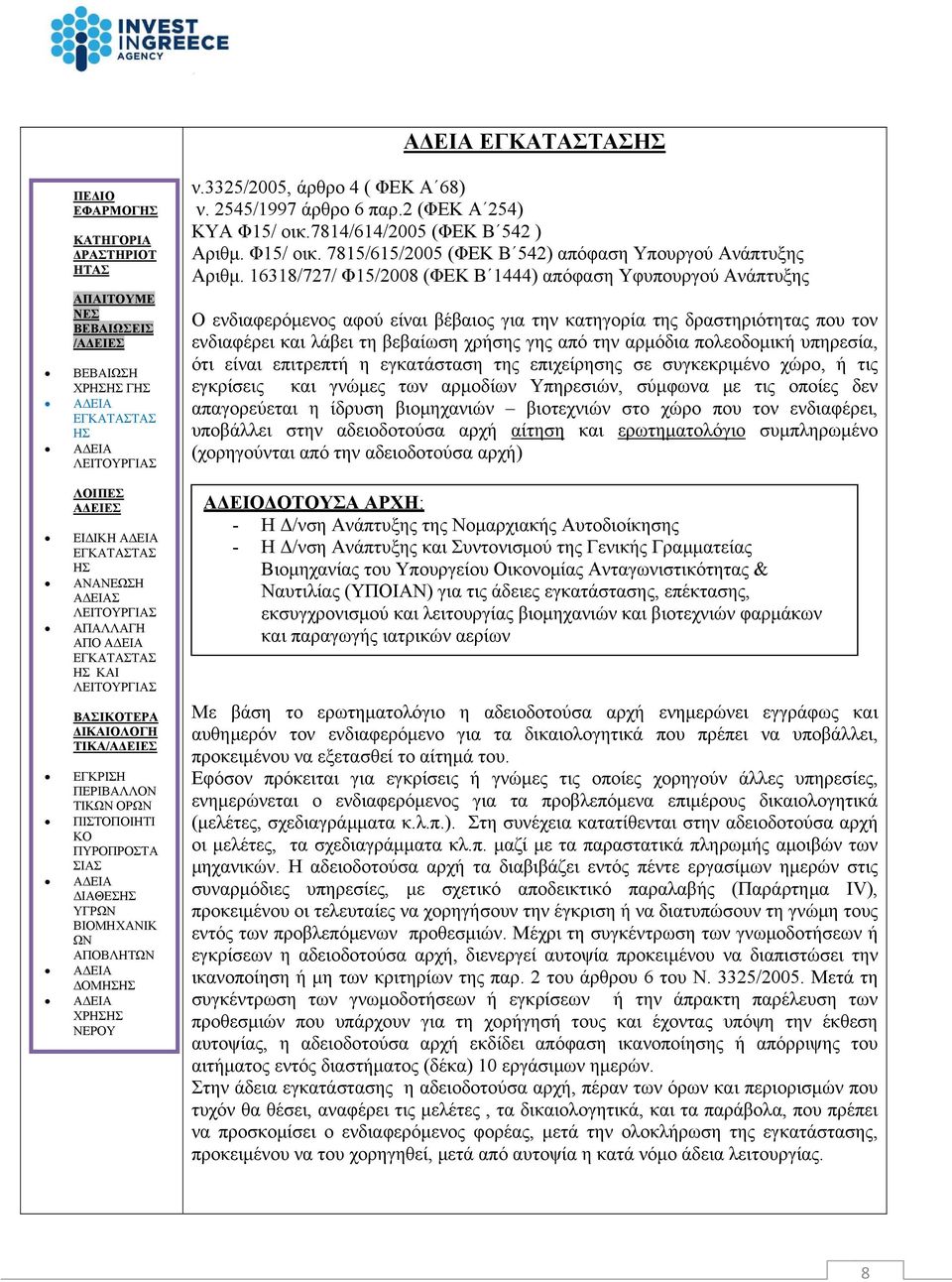 16318/727/ Φ15/2008 (ΦΕΚ Β 1444) απόφαση Υφυπουργού Ανάπτυξης Ο ενδιαφερόμενος αφού είναι βέβαιος για την κατηγορία της δραστηριότητας που τον ενδιαφέρει και λάβει τη βεβαίωση χρήσης γης από την