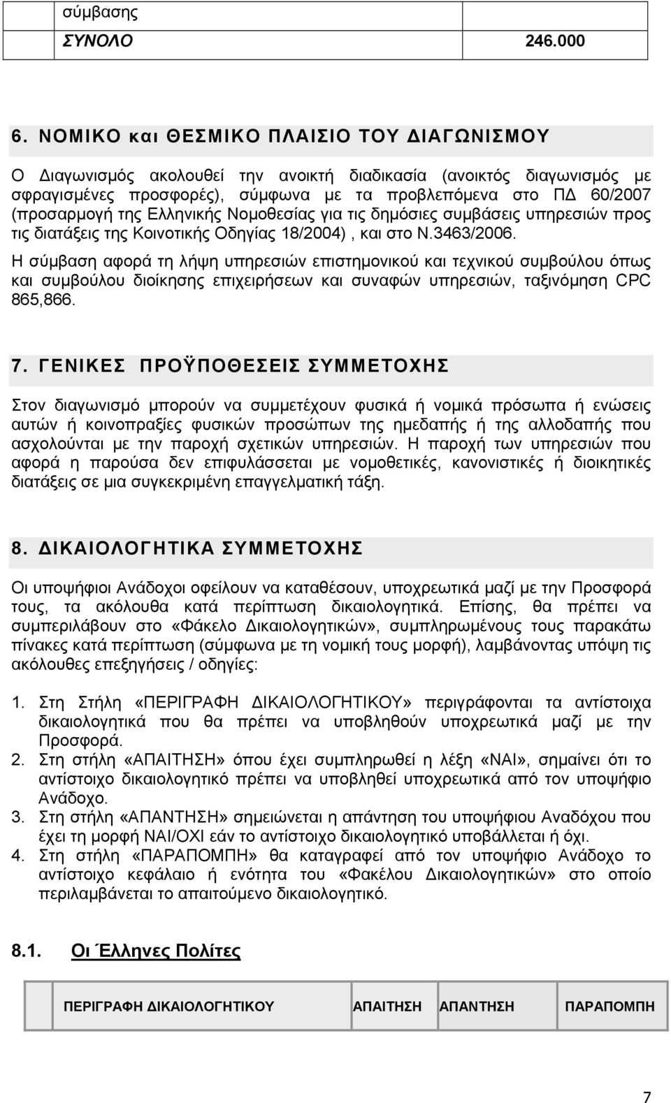 Ελληνικής Νομοθεσίας για τις δημόσιες συμβάσεις υπηρεσιών προς τις διατάξεις της Κοινοτικής Οδηγίας 18/2004), και στο Ν.3463/2006.