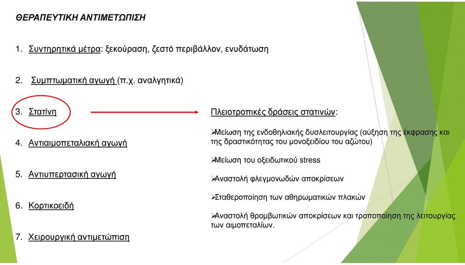 Χειρουργική αντιµετώπιση Πλειοτροπικές δράσεις στατινών: Μείωση της ενδοθηλιακής δυσλειτουργίας (αύξηση της έκφρασης και της δραστικότητας