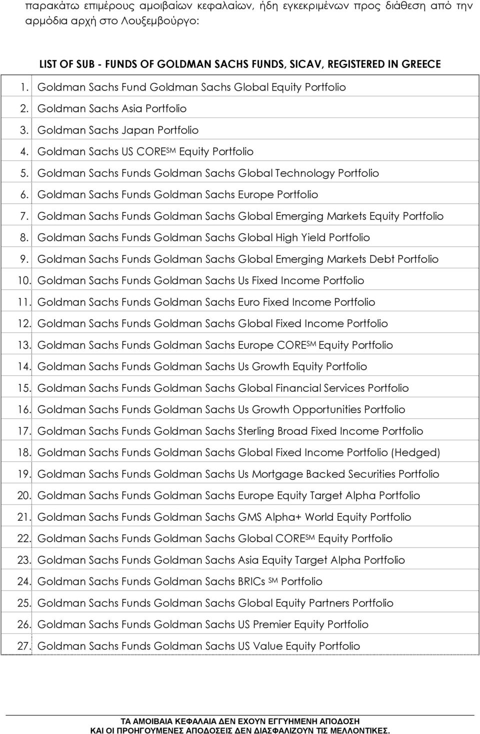 Goldman Sachs Funds Goldman Sachs Global Technology Portfolio 6. Goldman Sachs Funds Goldman Sachs Europe Portfolio 7. Goldman Sachs Funds Goldman Sachs Global Emerging Markets Equity Portfolio 8.