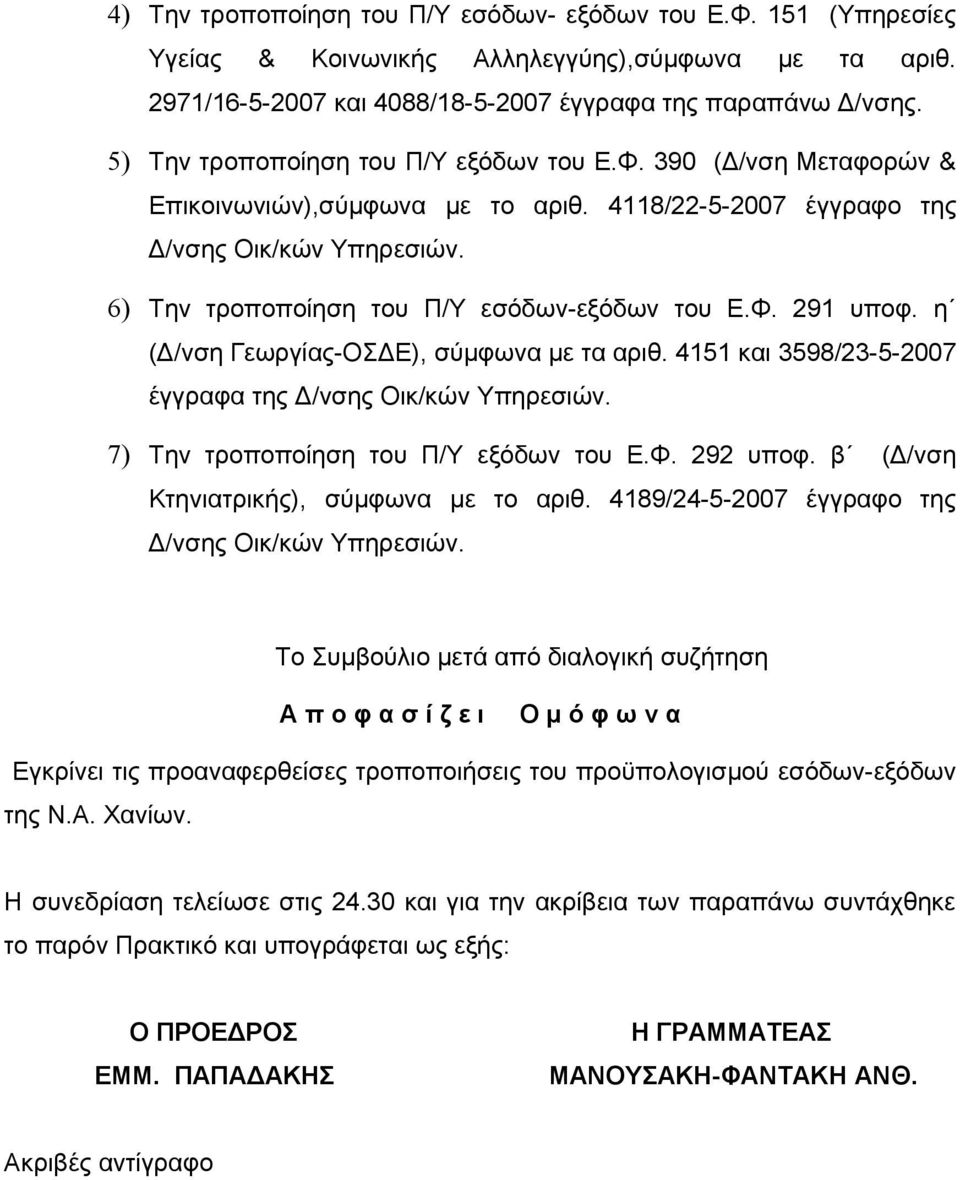 Φ. 291 υποφ. η (Δ/νση Γεωργίας-ΟΣΔΕ), σύμφωνα με τα αριθ. 4151 και 3598/23-5-2007 έγγραφα της Δ/νσης Οικ/κών Υπηρεσιών. 7) Την τροποποίηση του Π/Υ εξόδων του Ε.Φ. 292 υποφ.