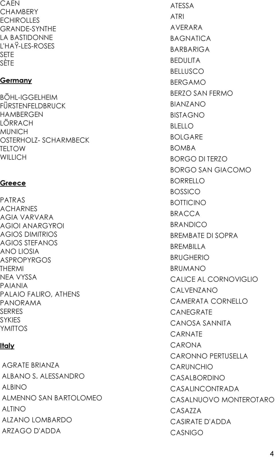 ALESSANDRO ALBINO ALMENNO SAN BARTOLOMEO ALTINO ALZANO LOMBARDO ARZAGO D'ADDA ATESSA ATRI AVERARA BAGNATICA BARBARIGA BEDULITA BELLUSCO BERGAMO BERZO SAN FERMO BIANZANO BISTAGNO BLELLO BOLGARE BOMBA