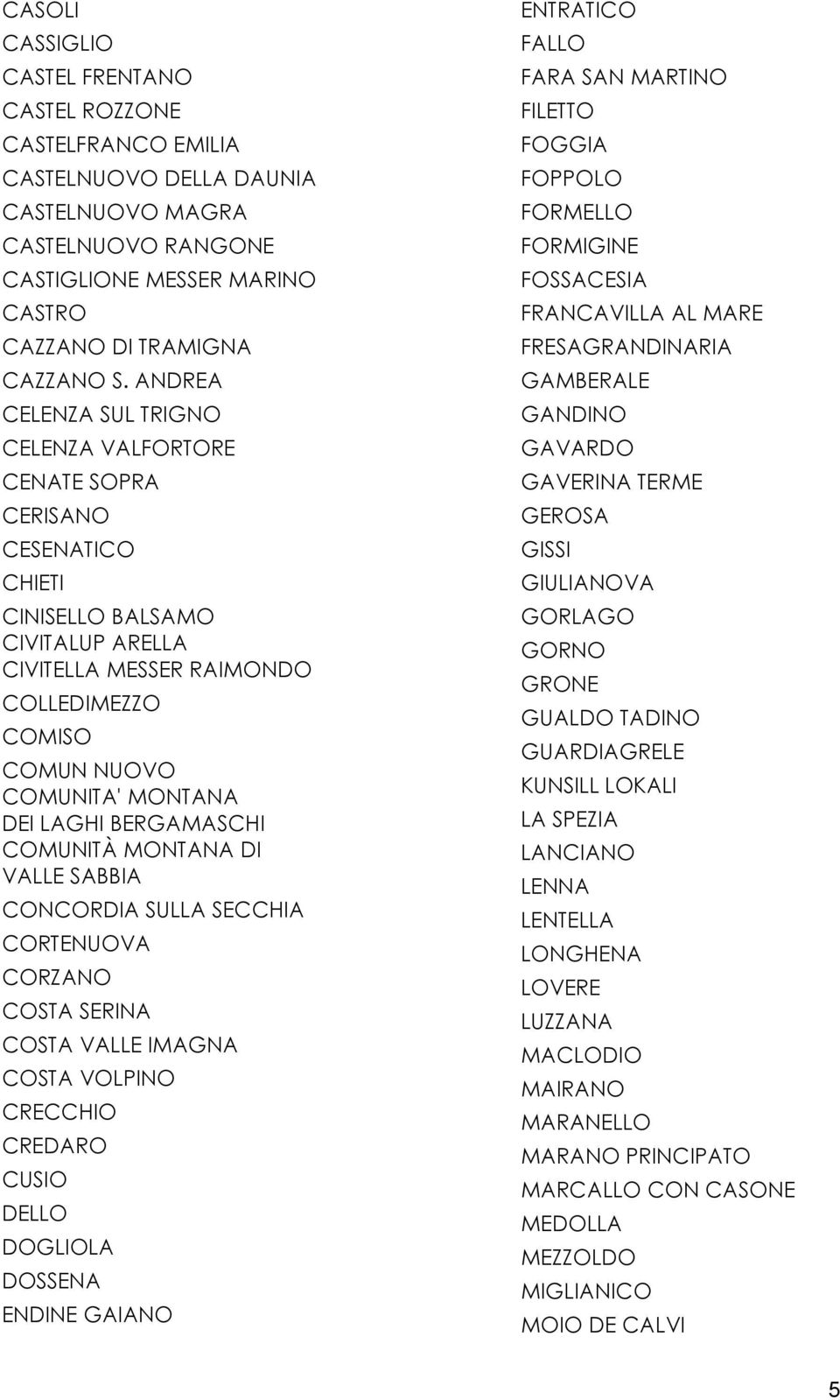 LAGHI BERGAMASCHI COMUNITÀ MONTANA DI VALLE SABBIA CONCORDIA SULLA SECCHIA CORTENUOVA CORZANO COSTA SERINA COSTA VALLE IMAGNA COSTA VOLPINO CRECCHIO CREDARO CUSIO DELLO DOGLIOLA DOSSENA ENDINE GAIANO