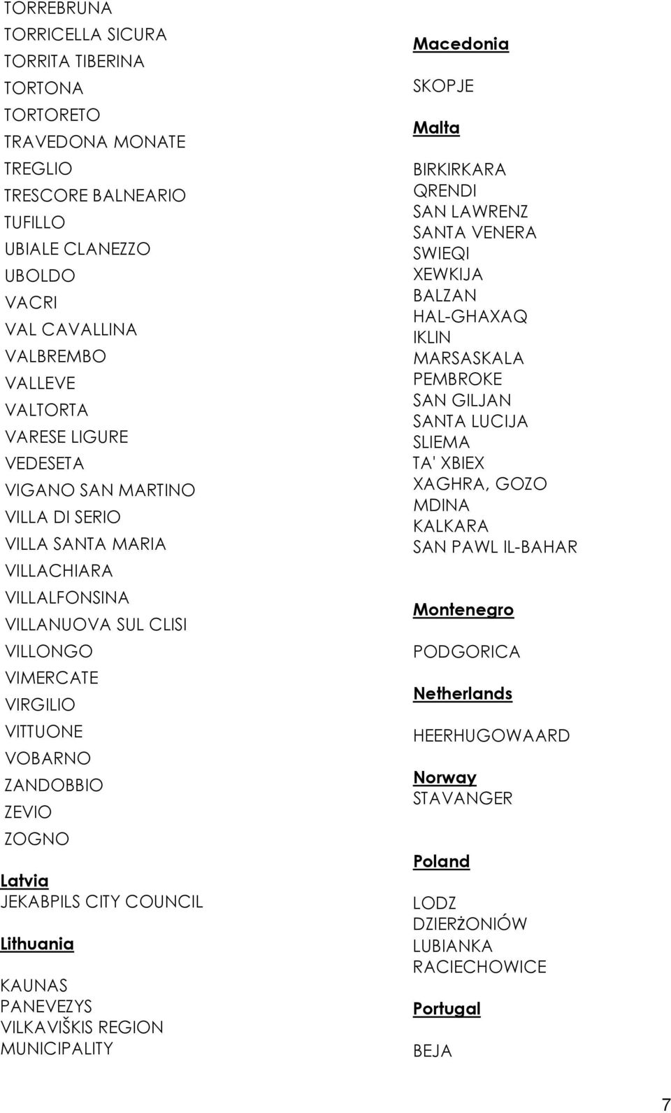 COUNCIL Lithuania KAUNAS PANEVEZYS VILKAVIŠKIS REGION MUNICIPALITY Macedonia SKOPJE Malta BIRKIRKARA QRENDI SAN LAWRENZ SANTA VENERA SWIEQI XEWKIJA BALZAN HAL-GHAXAQ IKLIN MARSASKALA PEMBROKE SAN