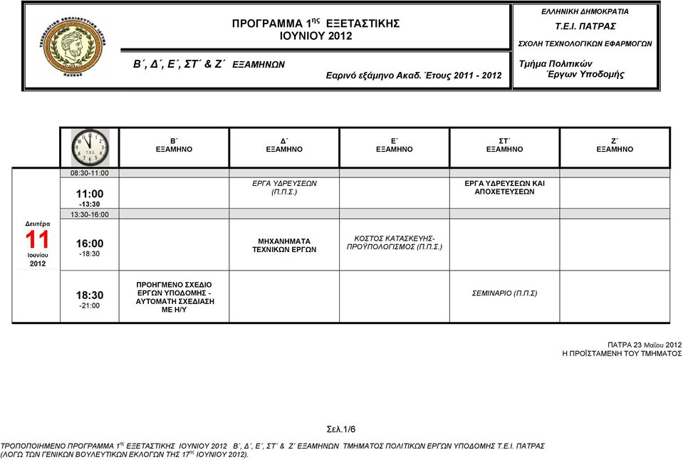 Έτους 2011-2012 Τμήμα Πολιτικών Έργων Υποδομής Βˊ - ΕΡΓΑ Υ ΡΕΥΣΕΩΝ ΕΡΓΑ Υ ΡΕΥΣΕΩΝ ΚΑΙ