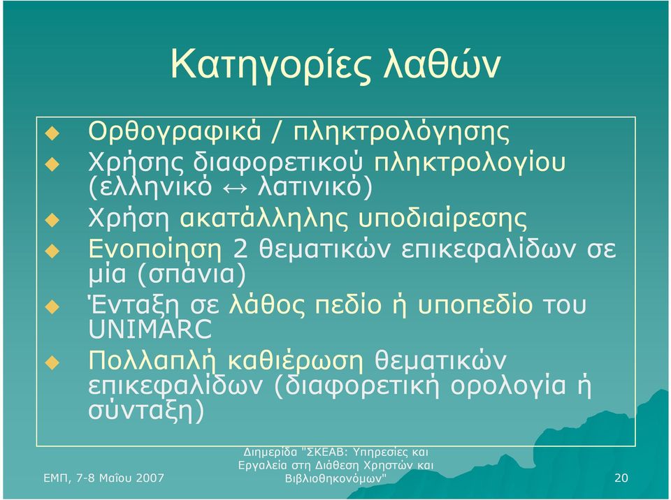 επικεφαλίδων σε µία (σπάνια) Ένταξη σε λάθος πεδίο ή υποπεδίο του UNIMARC