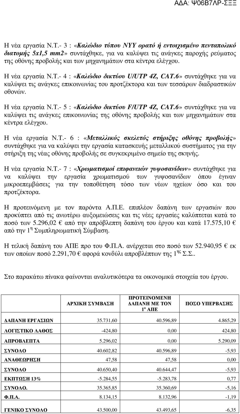 - 4 : «Καλώδιο δικτύου U/UTP 4Z, CAT.6» συντάχθηκε για να καλύψει τις ανάγκες επικοινωνίας του προτζέκτορα και των τεσσάρων διαδραστικών οθονών. - 5 : «Καλώδιο δικτύου F/UTP 4Z, CAT.