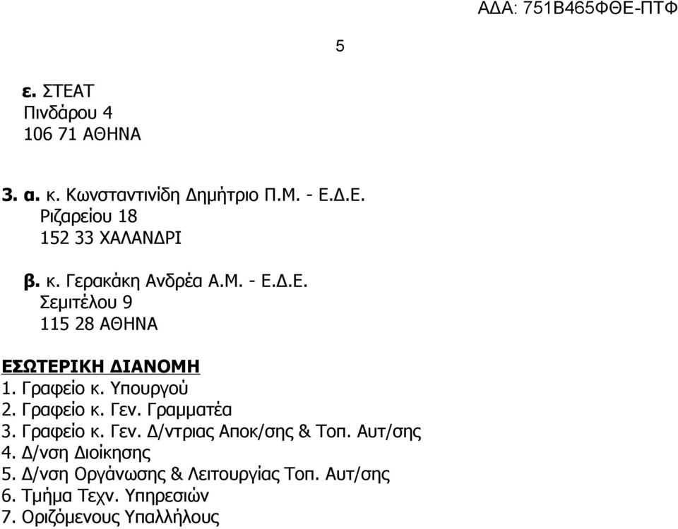 Γραφείο κ. Γεν. Γραμματέα 3. Γραφείο κ. Γεν. Δ/ντριας Αποκ/σης & Τοπ. Αυτ/σης 4. Δ/νση Διοίκησης 5.