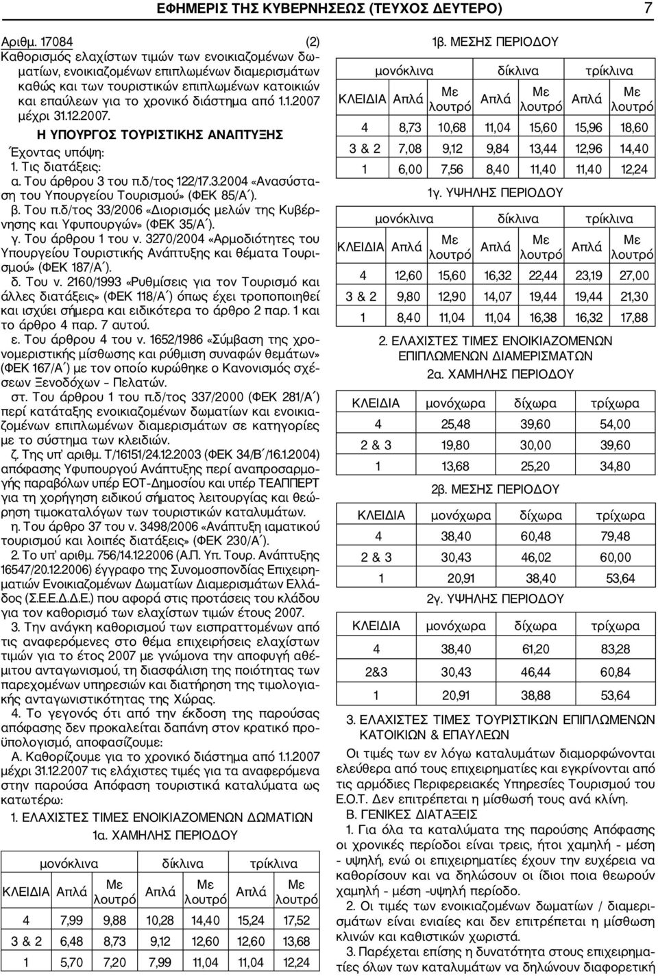 1.2007 μέχρι 31.12.2007. Η ΥΠΟΥΡΓΟΣ ΤΟΥΡΙΣΤΙΚΗΣ ΑΝΑΠΤΥΞΗΣ Έχοντας υπόψη: 1. Τις διατάξεις: α. Του άρθρου 3 του π.δ/τος 122/17.3.2004 «Ανασύστα ση του Υπουργείου Τουρισμού» (ΦΕΚ 85/Α ). β. Του π.