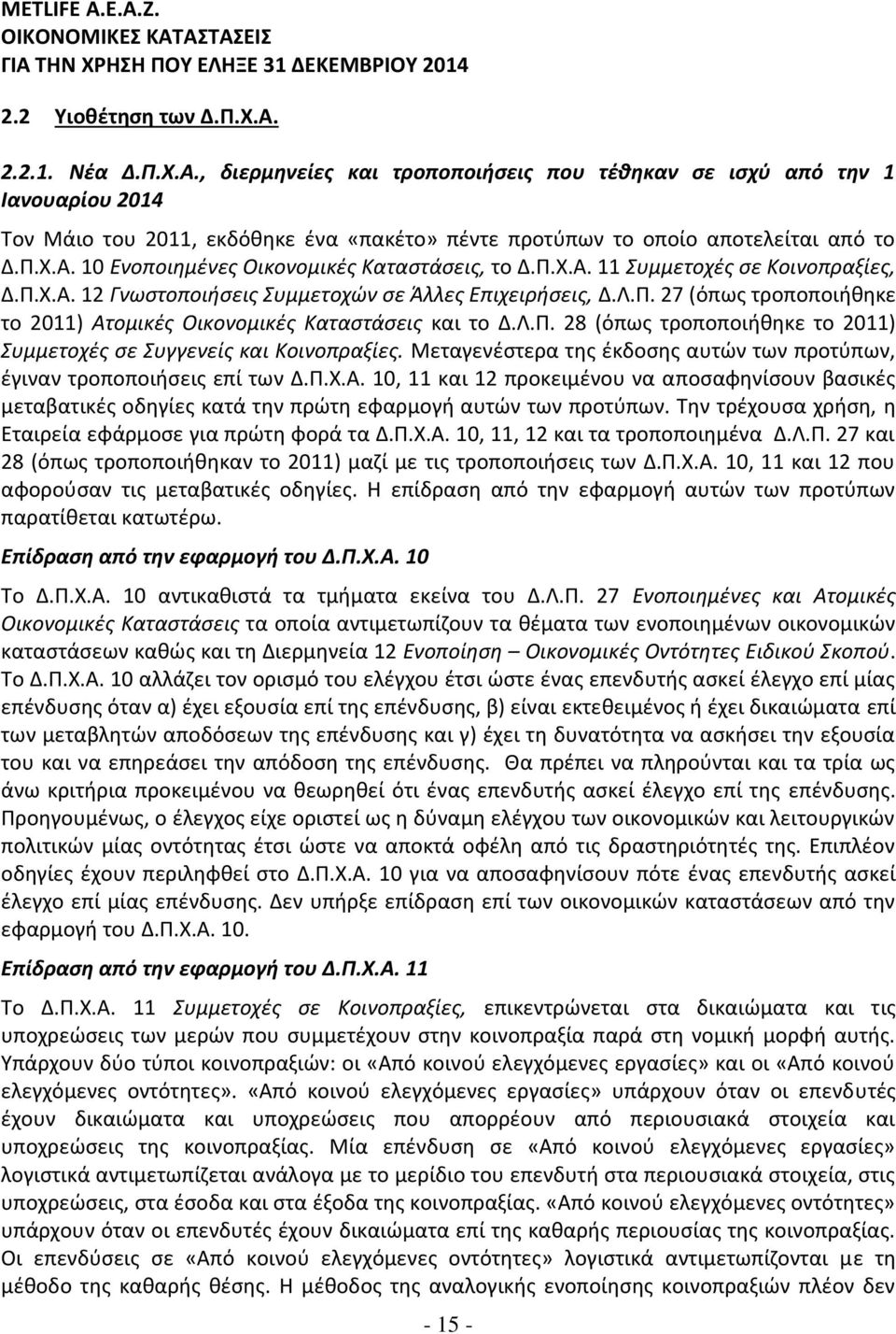 Λ.Π. 28 (όπως τροποποιήθηκε το 2011) Συμμετοχές σε Συγγενείς και Κοινοπραξίες. Μεταγενέστερα της έκδοσης αυτών των προτύπων, έγιναν τροποποιήσεις επί των Δ.Π.Χ.Α.