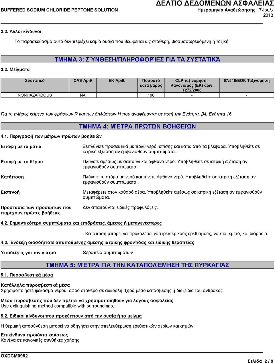 1272/2008 67/548/EOK Ταξινόμηση NONHAZARDOUS NA 100 - - Για το πλήρες κείμενο των φράσεων R και των δηλώσεων H που αναφέρονται σε αυτή την Ενότητα, βλ. Ενότητα 16 4.1. Περιγραφή των μέτρων πρώτων