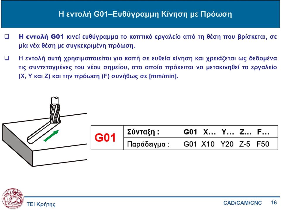 Η εντολή αυτή χρησιµοποιείται για κοπή σε ευθεία κίνηση και χρειάζεται ως δεδοµένα τις συντεταγµένες