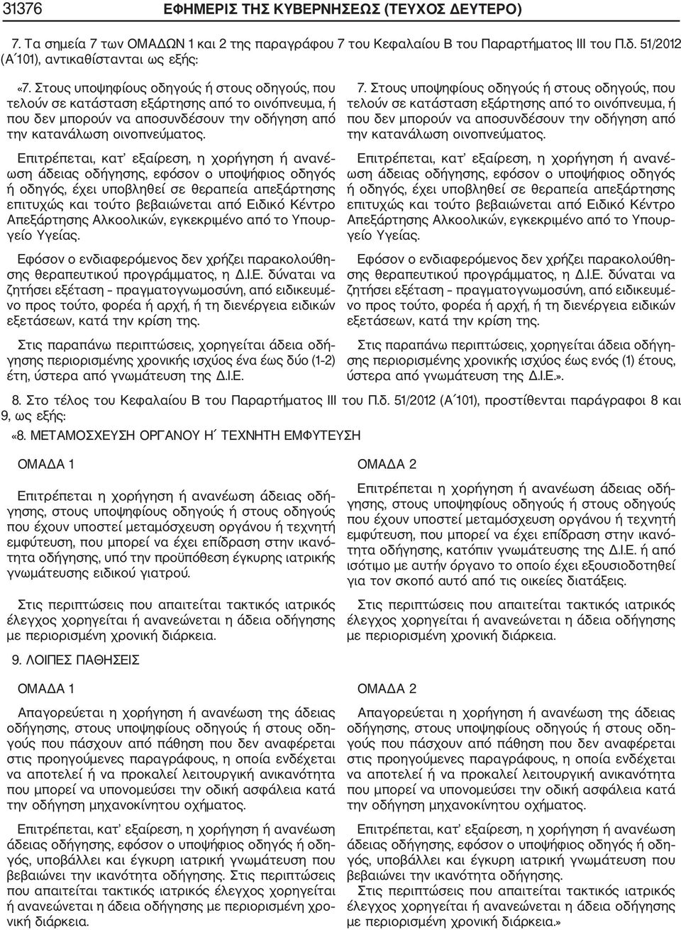 Επιτρέπεται, κατ εξαίρεση, η χορήγηση ή ανανέ ωση άδειας οδήγησης, εφόσον ο υποψήφιος οδηγός ή οδηγός, έχει υποβληθεί σε θεραπεία απεξάρτησης επιτυχώς και τούτο βεβαιώνεται από Ειδικό Κέντρο