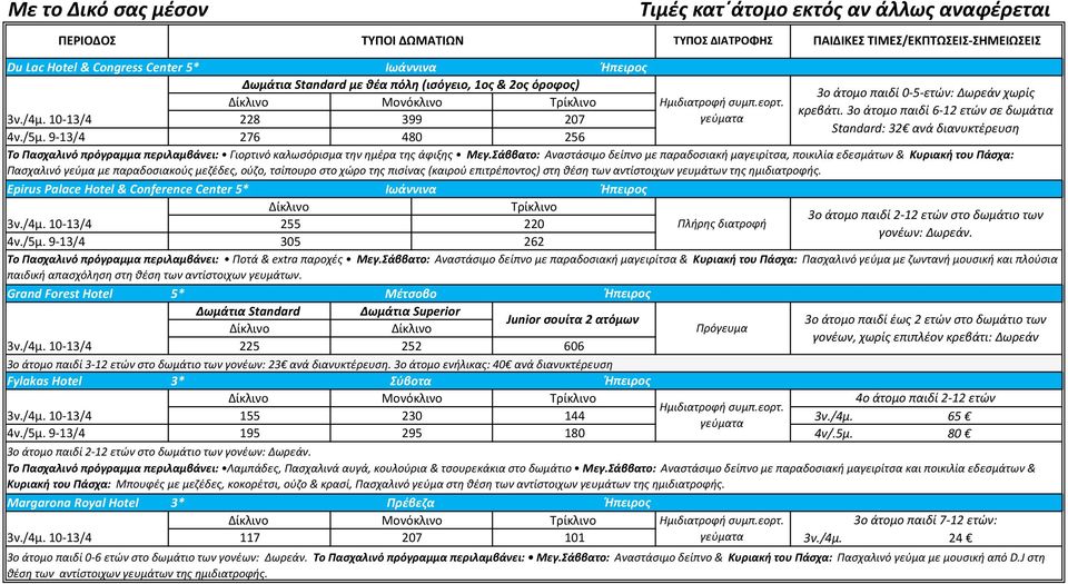 3ο άτομο παιδί 6-12 ετών σε δωμάτια 228 399 207 Standard: 32 ανά διανυκτέρευση 276 480 256 Το Πασχαλινό πρόγραμμα περιλαμβάνει: Γιορτινό καλωσόρισμα την ημέρα της άφιξης Μεγ.