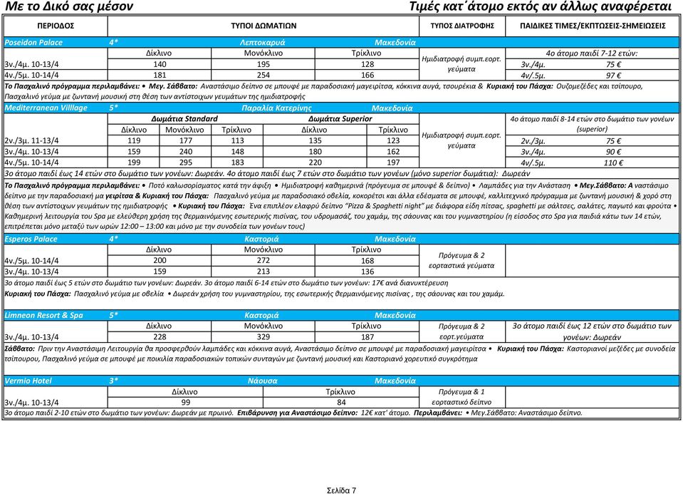γευμάτων της ημιδιατροφής Mediterranean Villlage 5* Παραλία Κατερίνης Δωμάτια Standard Δωμάτια Superior 4ο άτομο παιδί 8-14 ετών στο δωμάτιο των γονέων (superior) συμπ.εορτ. 2ν./3μ.
