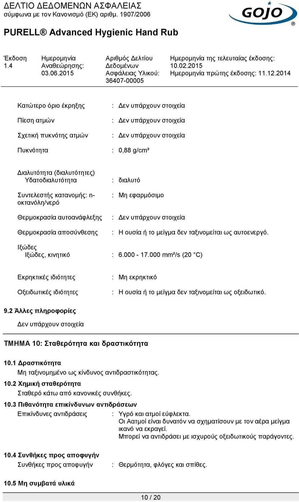 ταξινομείται ως αυτοενεργό. : 6.000-17.000 mm²/s (20 C) Εκρηκτικές ιδιότητες Οξειδωτικές ιδιότητες : Μη εκρηκτικό : Η ουσία ή το μείγμα δεν ταξινομείται ως οξειδωτικό. 9.