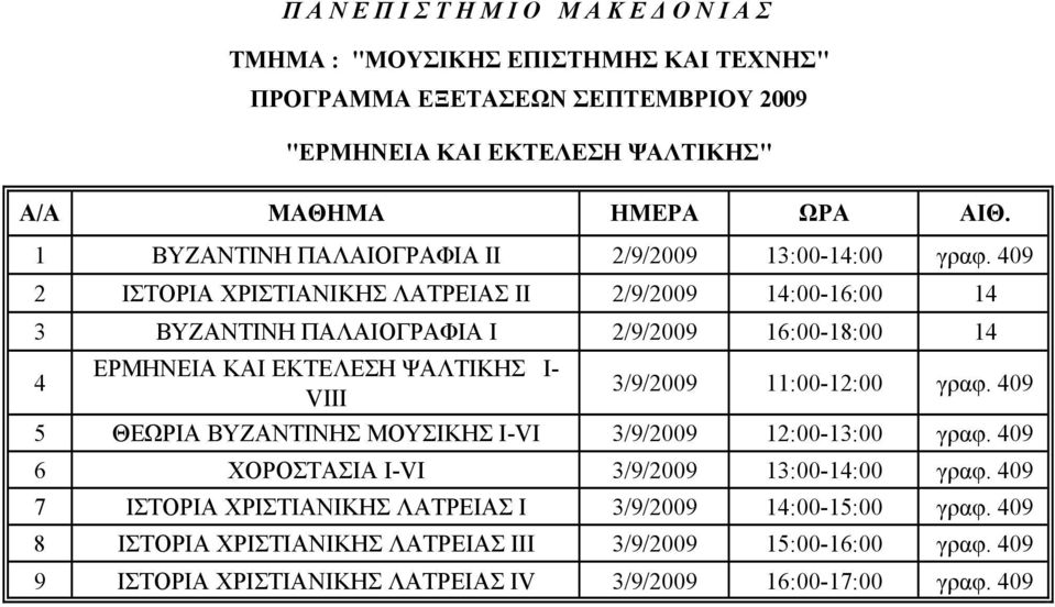 3/9/2009 11:00-12:00 γραφ. 409 5 ΘΕΩΡΙΑ ΒΥΖΑΝΤΙΝΗΣ ΜΟΥΣΙΚΗΣ Ι-VI 3/9/2009 12:00-13:00 γραφ. 409 6 ΧΟΡΟΣΤΑΣΙΑ Ι-VΙ 3/9/2009 13:00-14:00 γραφ.