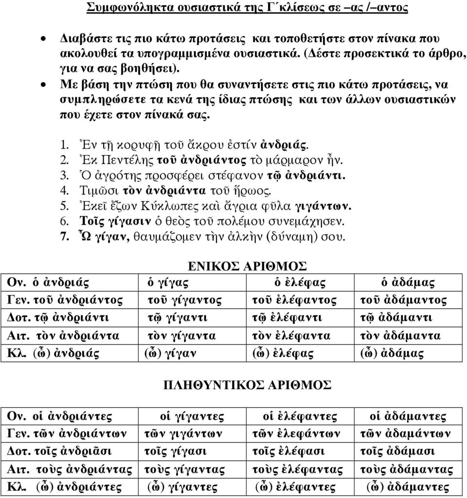 Με βάση την πτώση που θα συναντήσετε στις πιο κάτω προτάσεις, να συµπληρώσετε τα κενά της ίδιας πτώσης και των άλλων ουσιαστικών που έχετε στον πίνακά σας. 1. ν τ κορυφ το κρου στίν νδριά. 2.