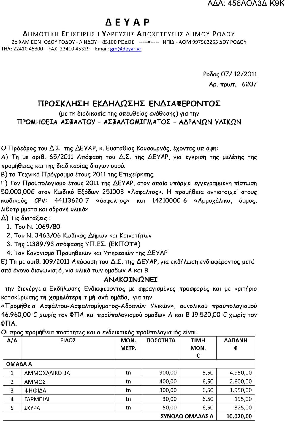 Ευστάθιος Κουσουρνάς, έχοντας υπ όψη: Α) Τη με αριθ. 65/2011 Απόφαση του Δ.Σ. της ΔΕΥΑΡ, για έγκριση της μελέτης της προμήθειας και της διαδικασίας διαγωνισμού.