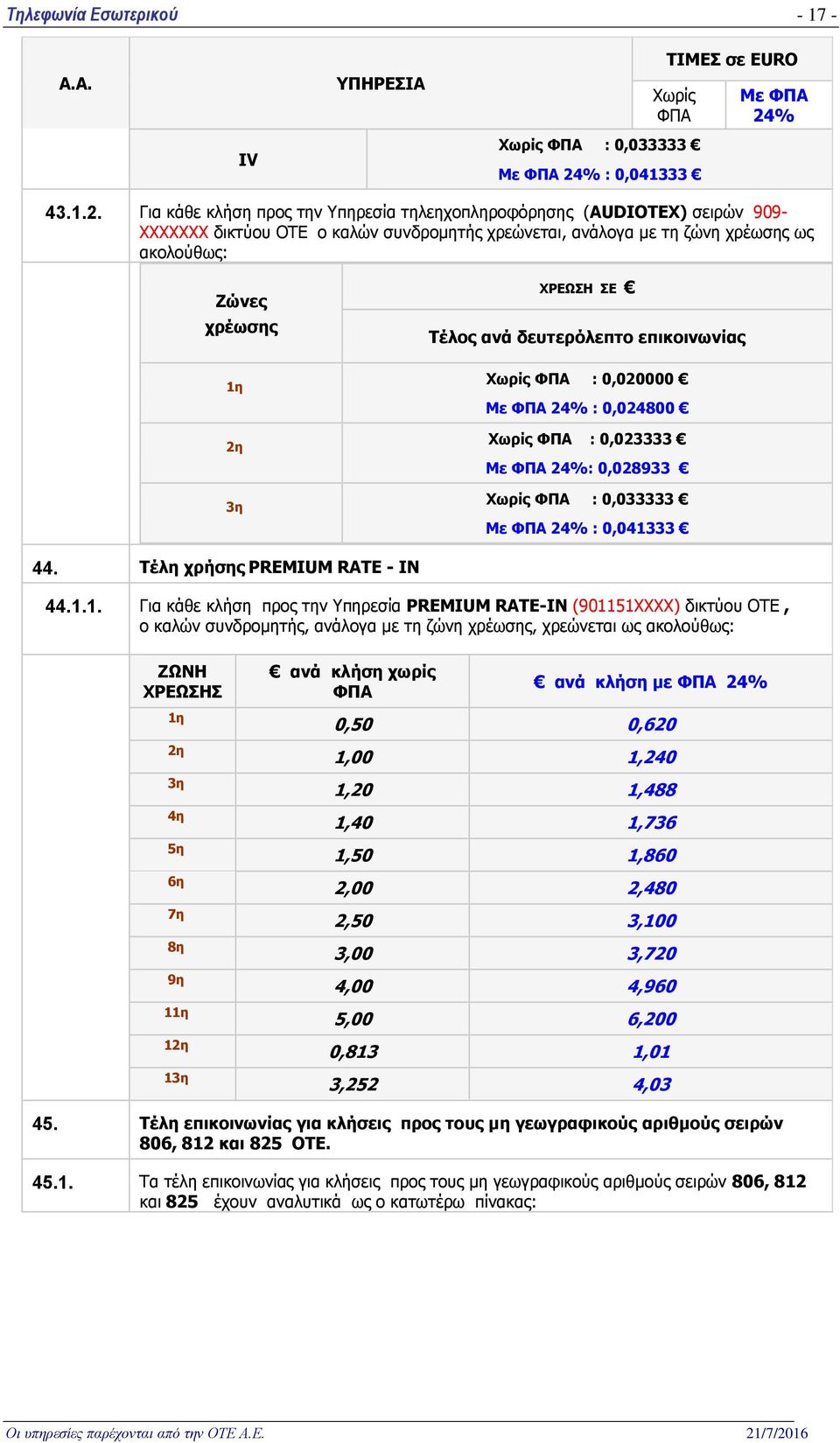 Τέλος ανά δευτερόλεπτο επικοινωνίας : 0,020000 Με : 0,024800 : 0,023333 Με : 0,028933 : 0,033333 Με : 0,0413