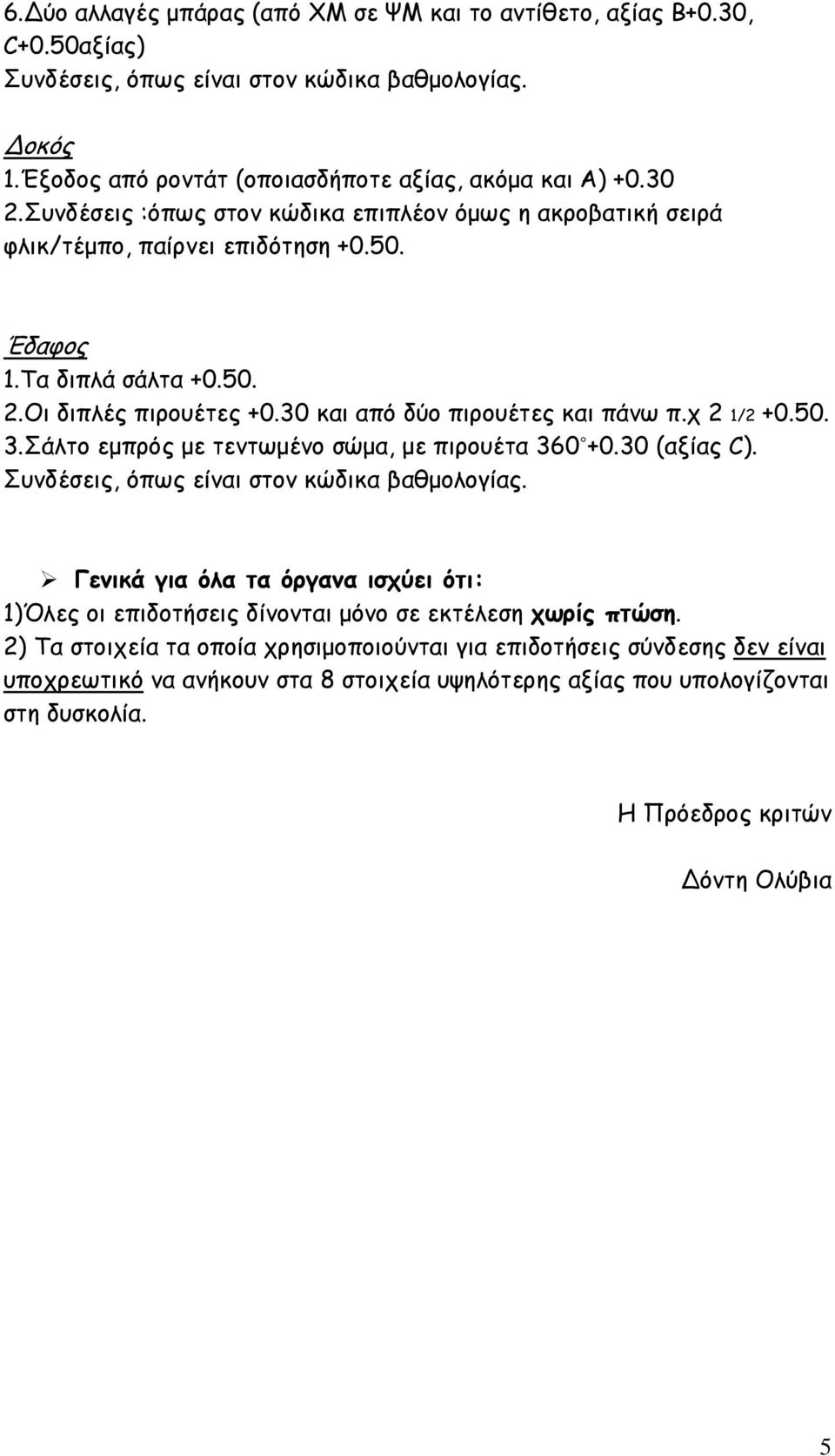 χ 2 1/2 +0.50. 3.Σάλτο εμπρός με τεντωμένο σώμα, με πιρουέτα 360 +0.30 (αξίας C). Συνδέσεις, όπως είναι στον κώδικα βαθμολογίας.