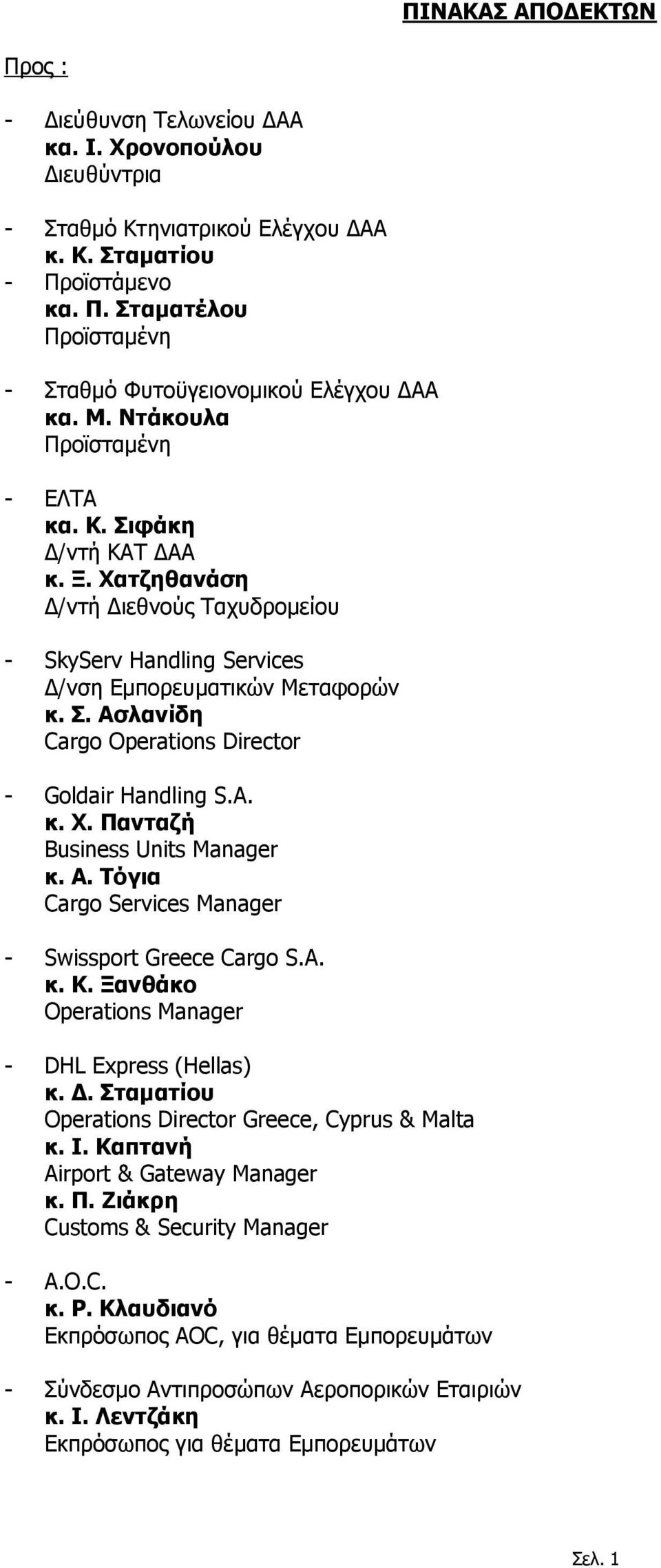 A. κ. Χ. Πανταζή Business Units Manager κ. Α. Τόγια Cargo Services Manager - Swissport Greece Cargo S.A. κ. Κ. Ξανθάκο Operations Manager - DHL Express (Hellas) κ. Δ.