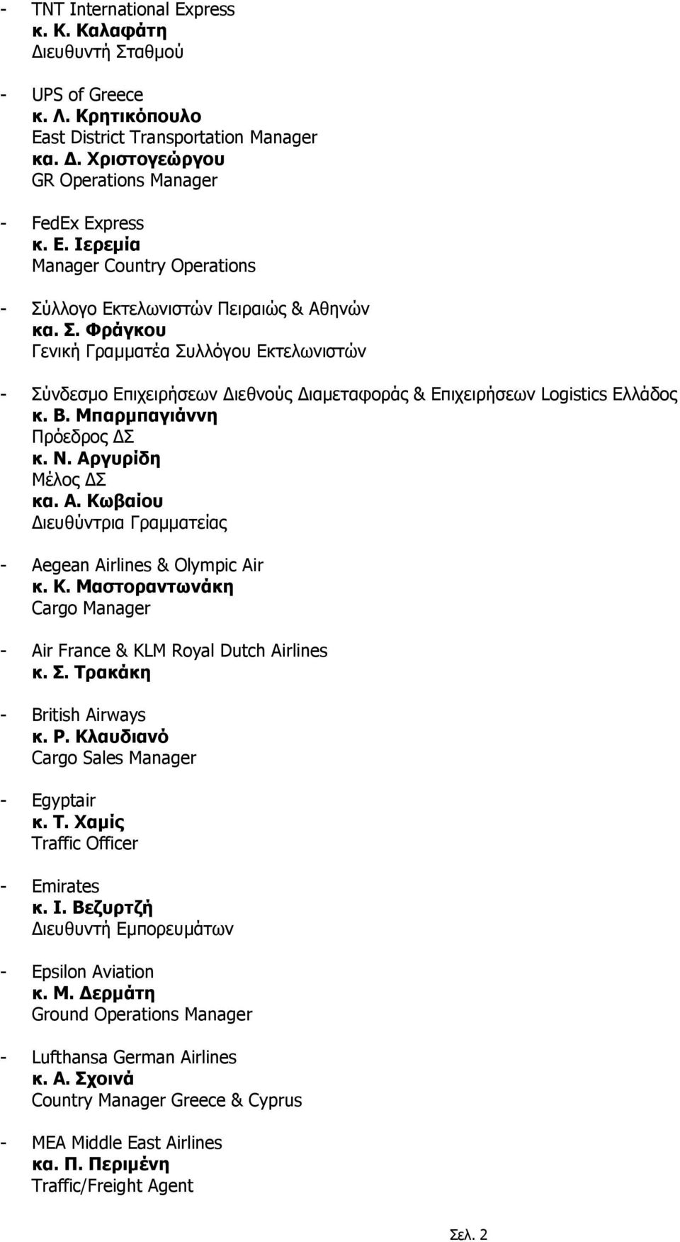 Β. Μπαρμπαγιάννη Πρόεδρος ΔΣ κ. Ν. Αργυρίδη Μέλος ΔΣ κα. Α. Κωβαίου Διευθύντρια Γραμματείας - Aegean Airlines & Olympic Air κ. Κ. Μαστοραντωνάκη Cargo Manager - Air France & KLM Royal Dutch Airlines κ.