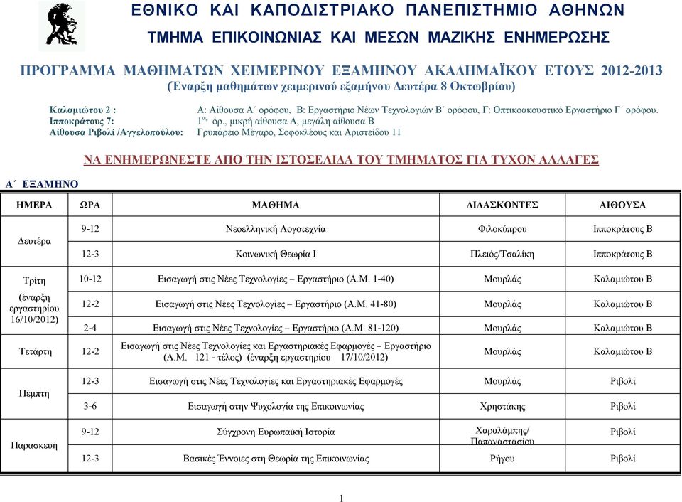 , μικρή αίθουσα Α, μεγάλη αίθουσα Β Αίθουσα Ριβολί /Αγγελοπούλου: Γρυπάρειο Μέγαρο, Σοφοκλέους και Αριστείδου 11 ΝΑ ΕΝΗΜΕΡΩΝΕΣΤΕ ΑΠΟ ΤΗΝ ΙΣΤΟΣΕΛΙΔΑ ΤΟΥ ΤΜΗΜΑΤΟΣ ΓΙΑ ΤΥΧΟΝ ΑΛΛΑΓΕΣ Δευτέρα 9-12