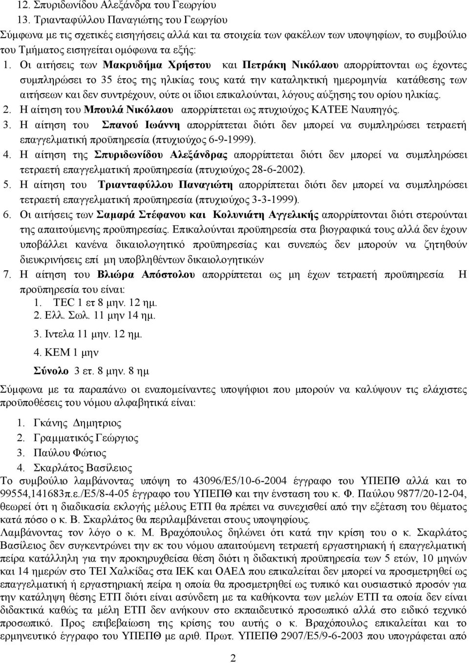Οι αιτήσεις των Μακρυδήμα Χρήστου και Πετράκη Νικόλαου απορρίπτονται ως έχοντες συμπληρώσει το 35 έτος της ηλικίας τους κατά την καταληκτική ημερομηνία κατάθεσης των αιτήσεων και δεν συντρέχουν, ούτε