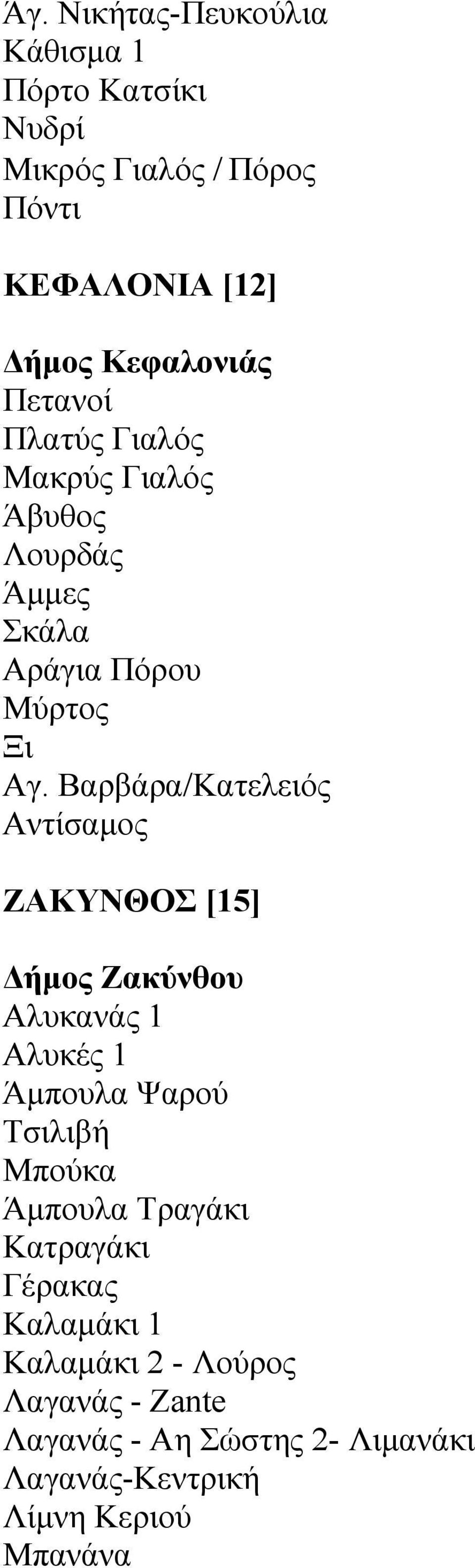 Βαρβάρα/Κατελειός Αντίσαμος ΖΑΚΥΝΘΟΣ [15] Δήμος Ζακύνθου Αλυκανάς 1 Αλυκές 1 Άμπουλα Ψαρού Τσιλιβή Μπούκα Άμπουλα
