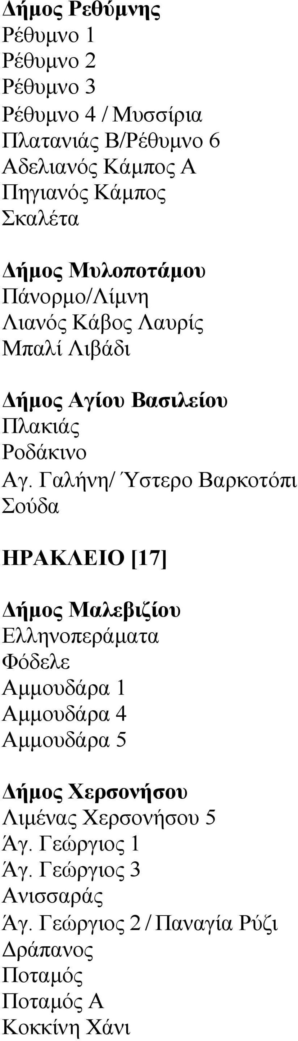 Γαλήνη/ Ύστερο Βαρκοτόπι Σούδα ΗΡΑΚΛΕΙΟ [17] Δήμος Μαλεβιζίου Ελληνοπεράματα Φόδελε Αμμουδάρα 1 Αμμουδάρα 4 Αμμουδάρα 5 Δήμος
