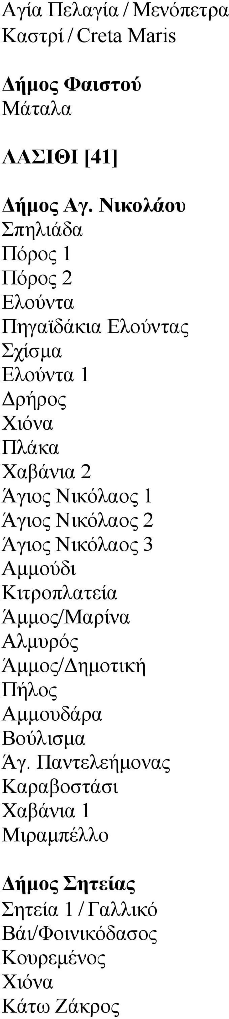 Νικόλαος 1 Άγιος Νικόλαος 2 Άγιος Νικόλαος 3 Αμμούδι Κιτροπλατεία Άμμος/Μαρίνα Αλμυρός Άμμος/Δημοτική Πήλος