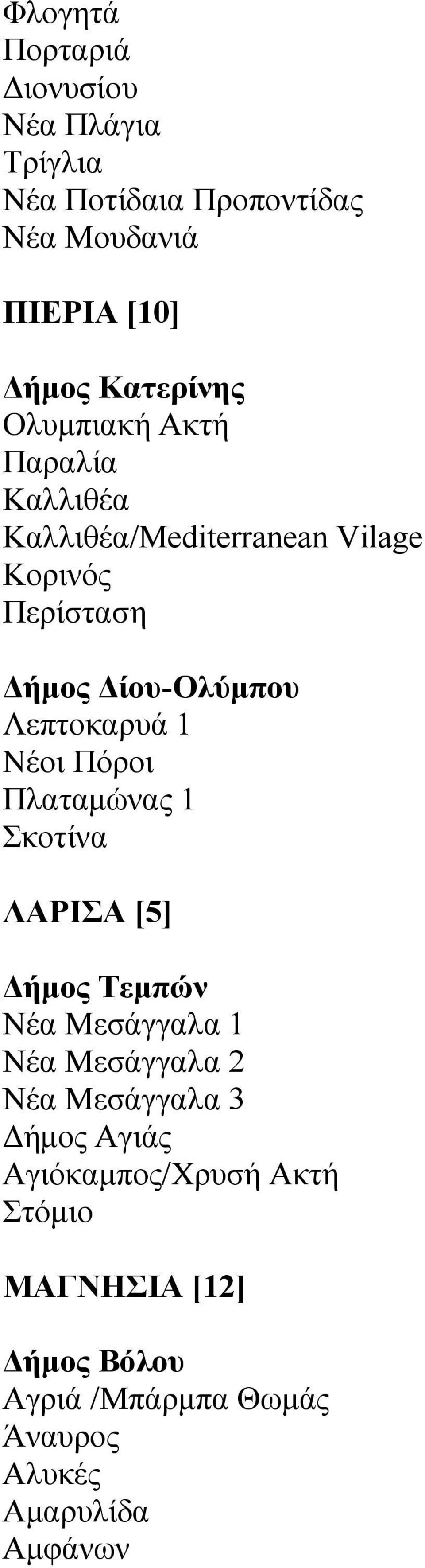 Νέοι Πόροι Πλαταμώνας 1 Σκοτίνα ΛΑΡΙΣΑ [5] Δήμος Τεμπών Νέα Μεσάγγαλα 1 Νέα Μεσάγγαλα 2 Νέα Μεσάγγαλα 3 Δήμος