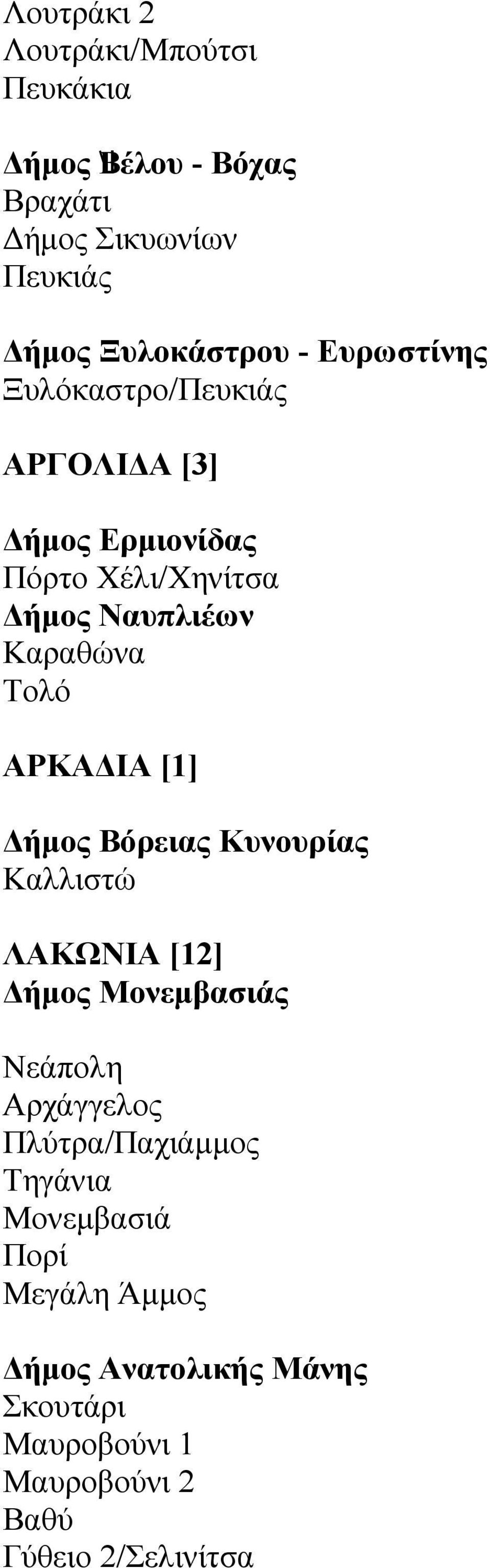 ΑΡΚΑΔΙΑ [1] Δήμος Βόρειας Κυνουρίας Καλλιστώ ΛΑΚΩΝΙΑ [12] Δήμος Μονεμβασιάς Νεάπολη Αρχάγγελος Πλύτρα/Παχιάμμος