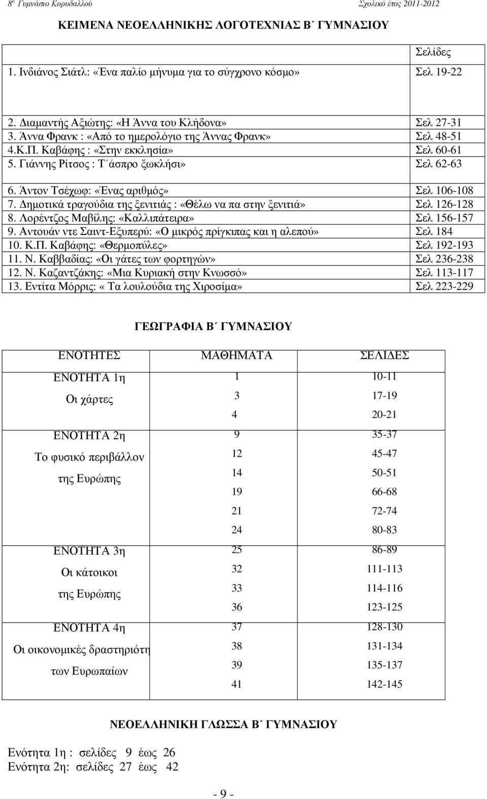 ηµοτικά τραγούδια της ξενιτιάς : «Θέλω να πα στην ξενιτιά» Σελ 126-128 8. Λορέντζος Μαβίλης: «Καλλιπάτειρα» Σελ 156-157 9. Αντουάν ντε Σαιντ-Εξυπερύ: «Ο µικρός πρίγκιπας και η αλεπού» Σελ 184 10. Κ.Π.