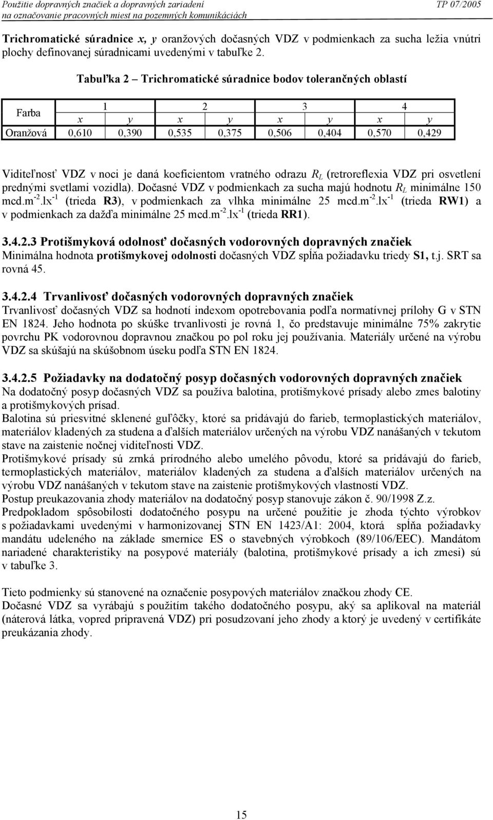 Tabuľka 2 Trichromatické súradnice bodov tolerančných oblastí 1 2 3 4 Farba x y x y x y x y Oranžová 0,610 0,390 0,535 0,375 0,506 0,404 0,570 0,429 Viditeľnosť VDZ v noci je daná koeficientom