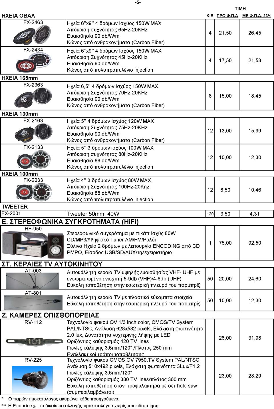 Ηχεία 6 x9 4 δρόμων Ισχύος 150W MAX Απόκριση Συχνότητας 45Hz-20ΚΗz Κώνος από πολυπροπυλένιο injection Ηχεία 6,5 4 δρόμων Ισχύος 150W MAX Απόκριση Συχνότητας 70Hz-20ΚHz Ηχεία 5 4 δρόμων Ισχύος 120W