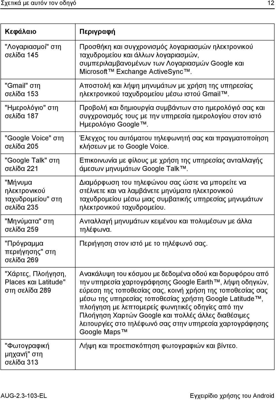 Προσθήκη και συγχρονισμός λογαριασμών ηλεκτρονικού ταχυδρομείου και άλλων λογαριασμών, συμπεριλαμβανομένων των Λογαριασμών Google και Microsoft Exchange ActiveSync.