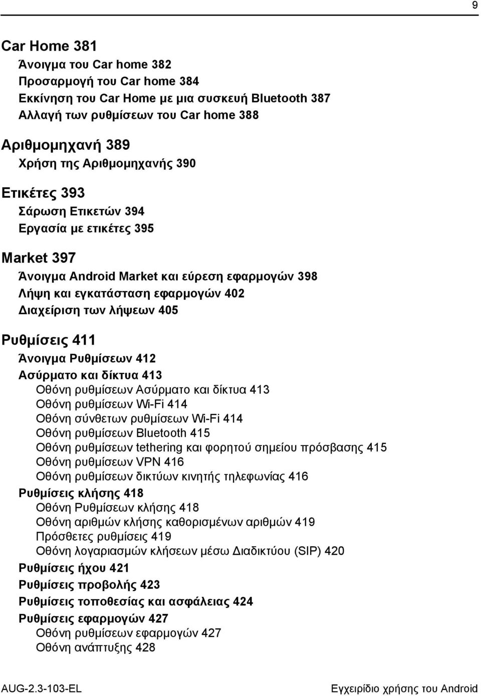 Άνοιγμα Ρυθμίσεων 412 Ασύρματο και δίκτυα 413 Οθόνη ρυθμίσεων Ασύρματο και δίκτυα 413 Οθόνη ρυθμίσεων Wi-Fi 414 Οθόνη σύνθετων ρυθμίσεων Wi-Fi 414 Οθόνη ρυθμίσεων Bluetooth 415 Οθόνη ρυθμίσεων