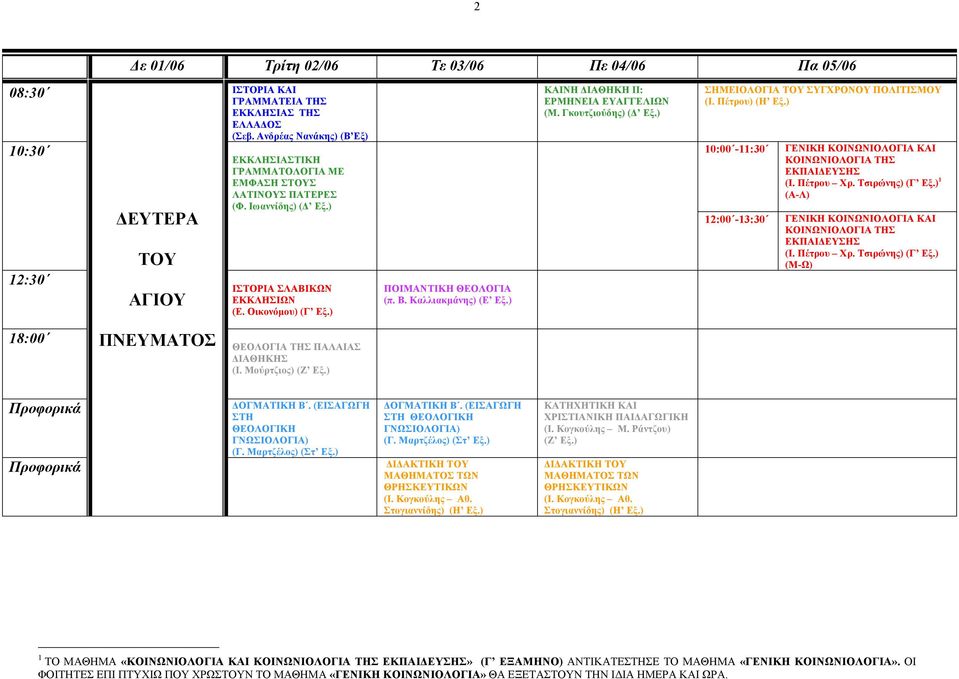 ) ΣΗΜΕΙΟΛΟΓΙΑ ΤΟΥ ΣΥΓΧΡΟΝΟΥ ΠΟΛΙΤΙΣΜΟΥ (Ι. Πέτρου) (Η Εξ.) 10:00-11:30 12:00-13:30 ΓΕΝΙΚΗ ΚΟΙΝΩΝΙΟΛΟΓΙΑ ΚΑΙ ΚΟΙΝΩΝΙΟΛΟΓΙΑ ΤΗΣ ΕΚΠΑΙΔΕΥΣΗΣ (Ι. Πέτρου Χρ. Τσιρώνης) (Γ Εξ.