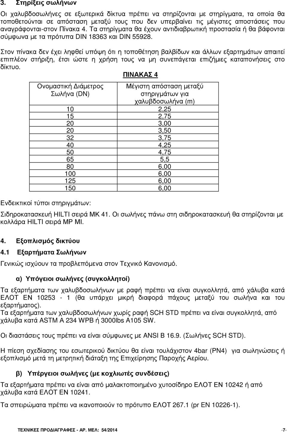 Στον πίνακα δεν έχει ληφθεί υπόψη ότι η τοποθέτηση βαλβίδων και άλλων εξαρτηµάτων απαιτεί επιπλέον στήριξη, έτσι ώστε η χρήση τους να µη συνεπάγεται επιζήµιες καταπονήσεις στο δίκτυο.