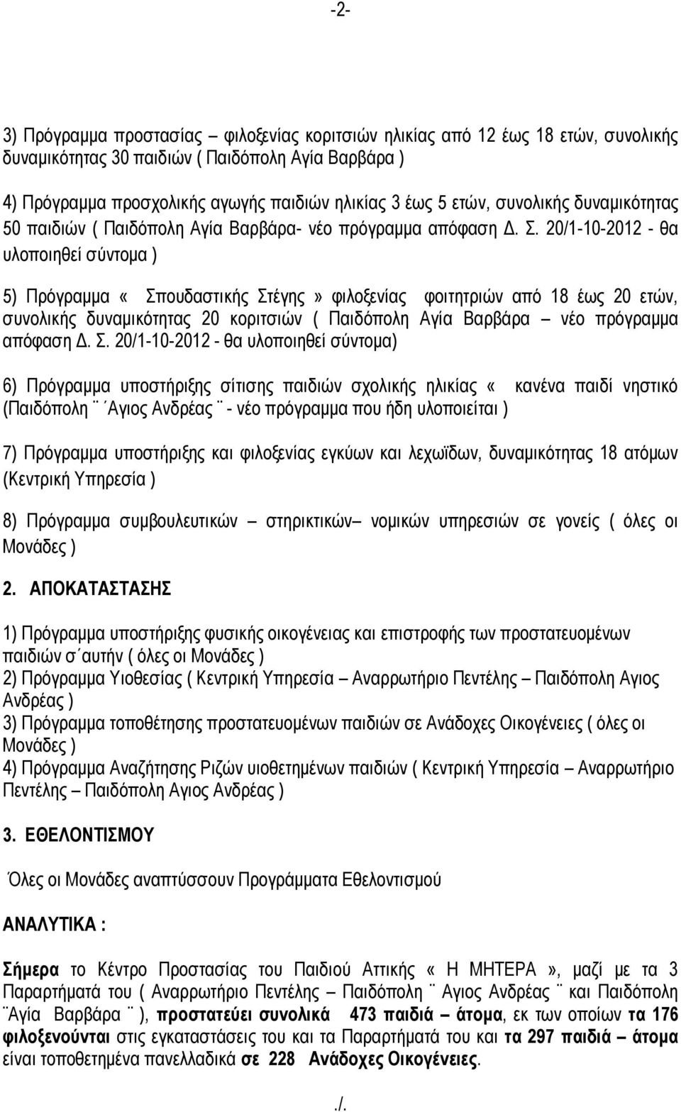 20/1-10-2012 - θα υλοποιηθεί σύντομα ) 5) Πρόγραμμα «Σπουδαστικής Στέγης» φιλοξενίας φοιτητριών από 18 έως 20 ετών, συνολικής δυναμικότητας 20 κοριτσιών ( Παιδόπολη Αγία Βαρβάρα νέο πρόγραμμα απόφαση