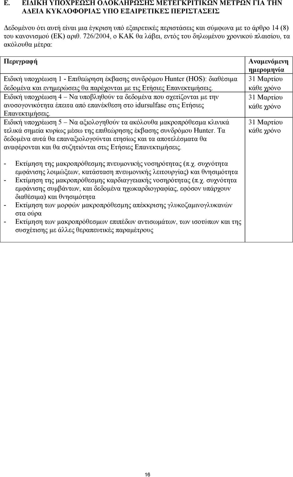 726/2004, ο ΚΑΚ θα λάβει, εντός του δηλωμένου χρονικού πλαισίου, τα ακόλουθα μέτρα: Περιγραφή Ειδική υποχρέωση 1 - Επιθεώρηση έκβασης συνδρόμου Hunter (HOS): διαθέσιμα δεδομένα και ενημερώσεις θα