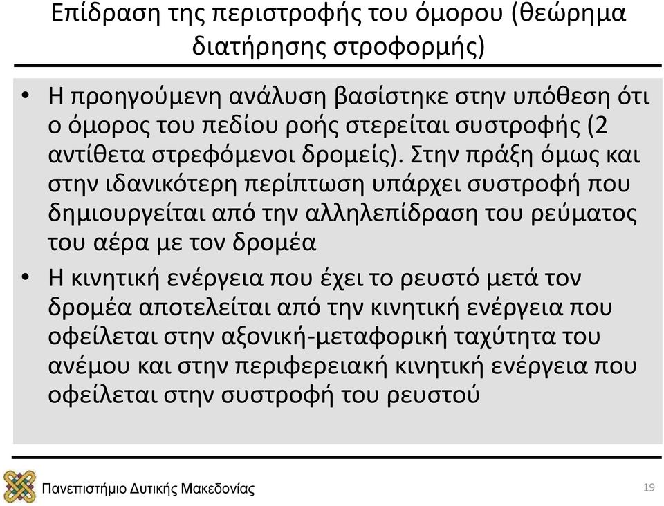 Στην πράξη όμως και στην ιδανικότερη περίπτωση υπάρχει συστροφή που δημιουργείται από την αλληλεπίδραση του ρεύματος του αέρα με τον δρομέα Η