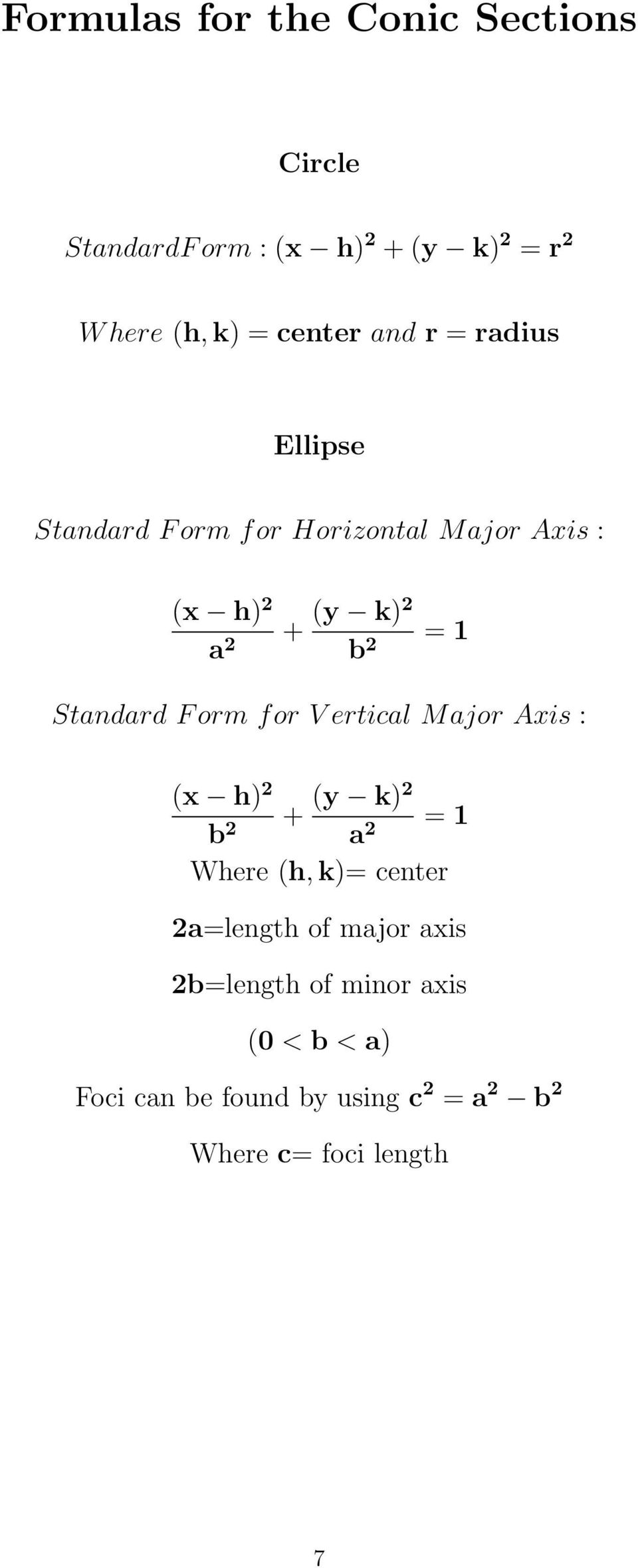 F orm for V ertical Major Axis : x h y k + = b a Where h, k= center a=length of major axis