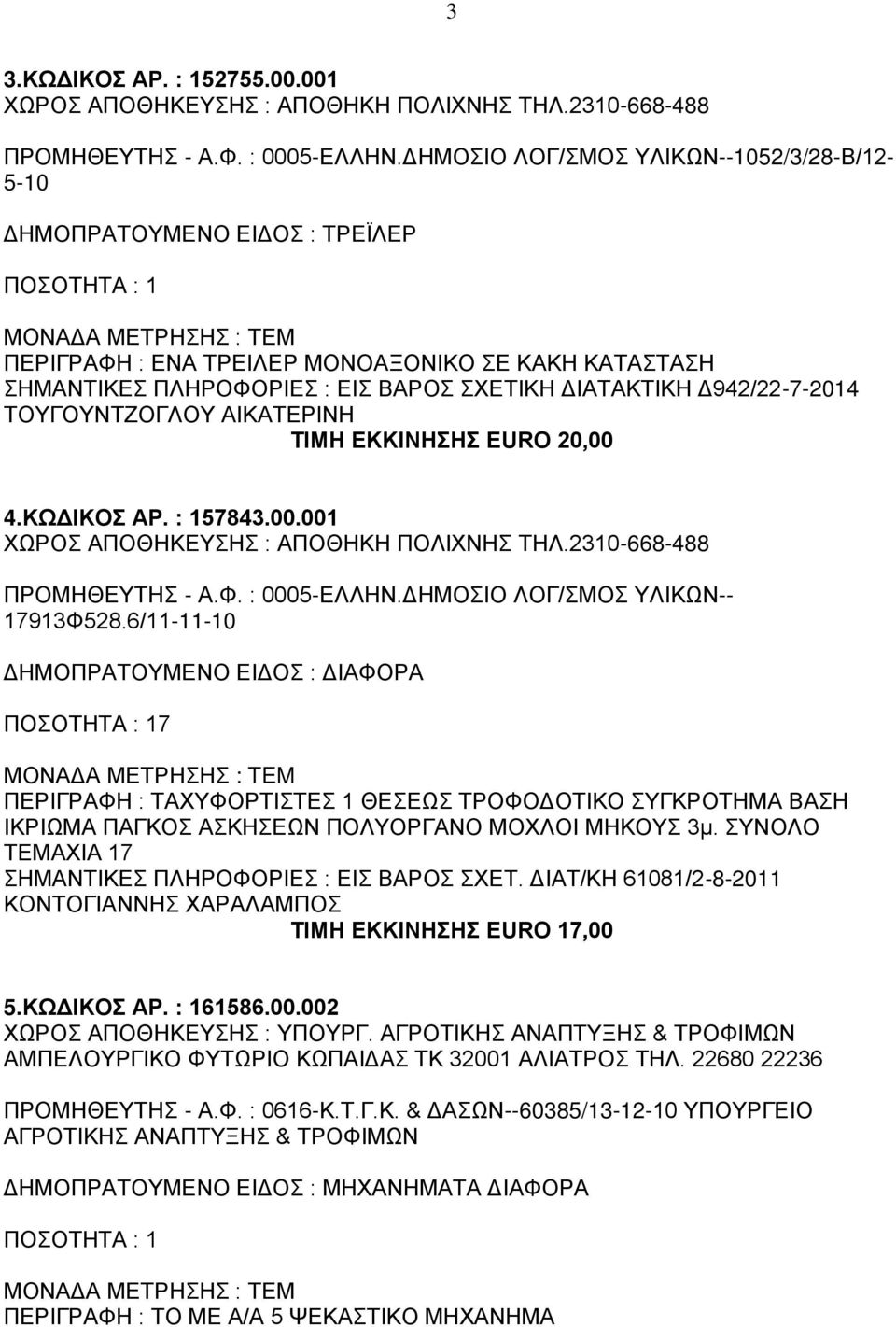 ΤΟΥΓΟΥΝΤΖΟΓΛΟΥ ΑΙΚΑΤΕΡΙΝΗ ΤΙΜΗ ΕΚΚΙΝΗΣΗΣ EURO 20,00 4.ΚΩΔΙΚΟΣ ΑΡ. : 157843.00.001 ΠΡΟΜΗΘΕΥΤΗΣ - Α.Φ. : 0005-ΕΛΛΗΝ.ΔΗΜΟΣΙΟ ΛΟΓ/ΣΜΟΣ ΥΛΙΚΩΝ-- 17913Φ528.