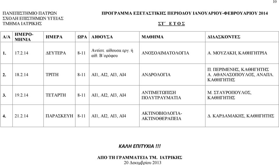 ΜΟΥΖΑΚΗ, ΚΑΘΗΓΗΤΡΙΑ 2. 18.2.14 ΤΡΙΤΗ 8-11 ΑΝΔΡΟΛΟΓΙΑ Π. ΠΕΡΙΜΕΝΗΣ, Α. ΑΘΑΝΑΣΟΠΟΥΛΟΣ, ΑΝΑΠΛ. 3. 19.2.14 ΤΕΤΑΡΤΗ 8-11 ΑΝΤΙΜΕΤΩΠΙΣΗ ΠΟΛΥΤΡΑΥΜΑΤΙΑ Μ.