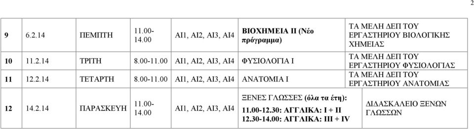 00 ΑΙ3, ΑΙ4 ΞΕΝΕΣ ΓΛΩΣΣΕΣ (όλα τα έτη): 11.00-12.30: ΑΓΓΛΙΚΑ: Ι + II 12.30-14.