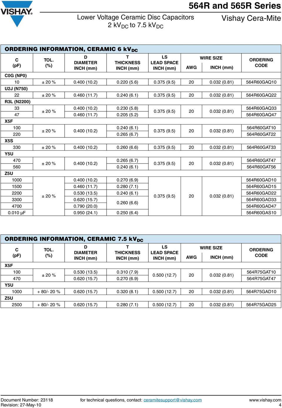 265 (6.7) 564R60GA22 X5S 330 0.400 (10.2) 0.260 (6.6) 564R60GA33 470 0.265 (6.7) 564R60GA47 0.400 (10.2) 560 0.240 (6.1) 564R60GA56 0.400 (10.2) 0.270 (6.9) 564R60GA10 1500 0.460 (11.7) 0.280 (7.